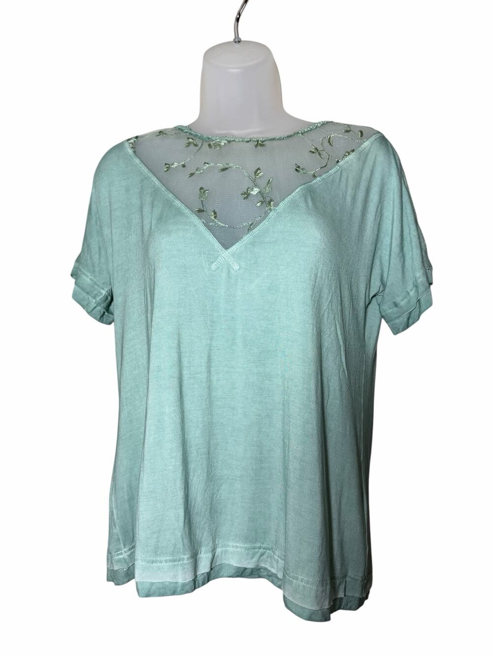 POL Mint Green Embroidered Mesh Yoke Short Sleeve Boho Top Women’s NWOT